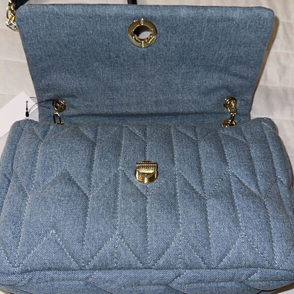 Talbots Gold Tone Chain Strap Leather Trim Quilted Denim BlueβShoulder Bag - Picture 13 of 16